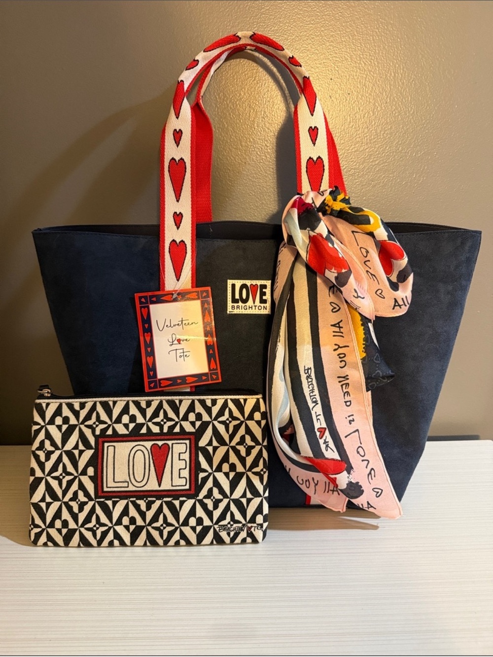 Brighton 3pc Velveteen Love Tote artwork by Tom Clancy w/Brighton Pouch & Scarf